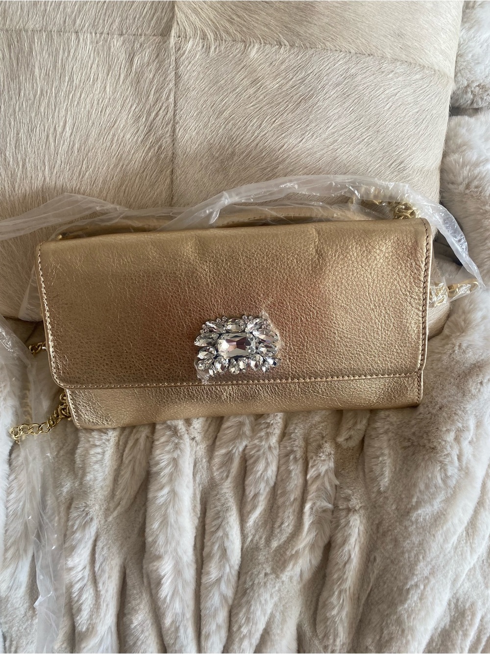 Lilly Pulitzer Gold Leather Jeweled Clutch Crossbody - Women Bags